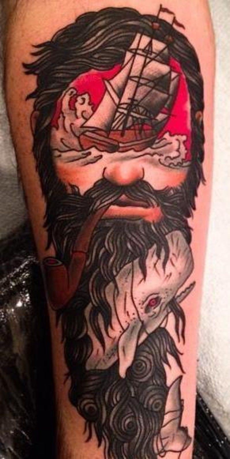 超现实主义风格的吸烟男和帆船鲸鱼组合纹身图案