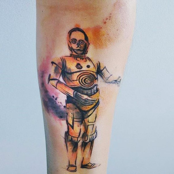 手臂自制像水彩机器人纹身图案