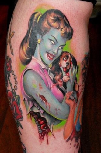 僵尸女孩与小狗的纹身图案