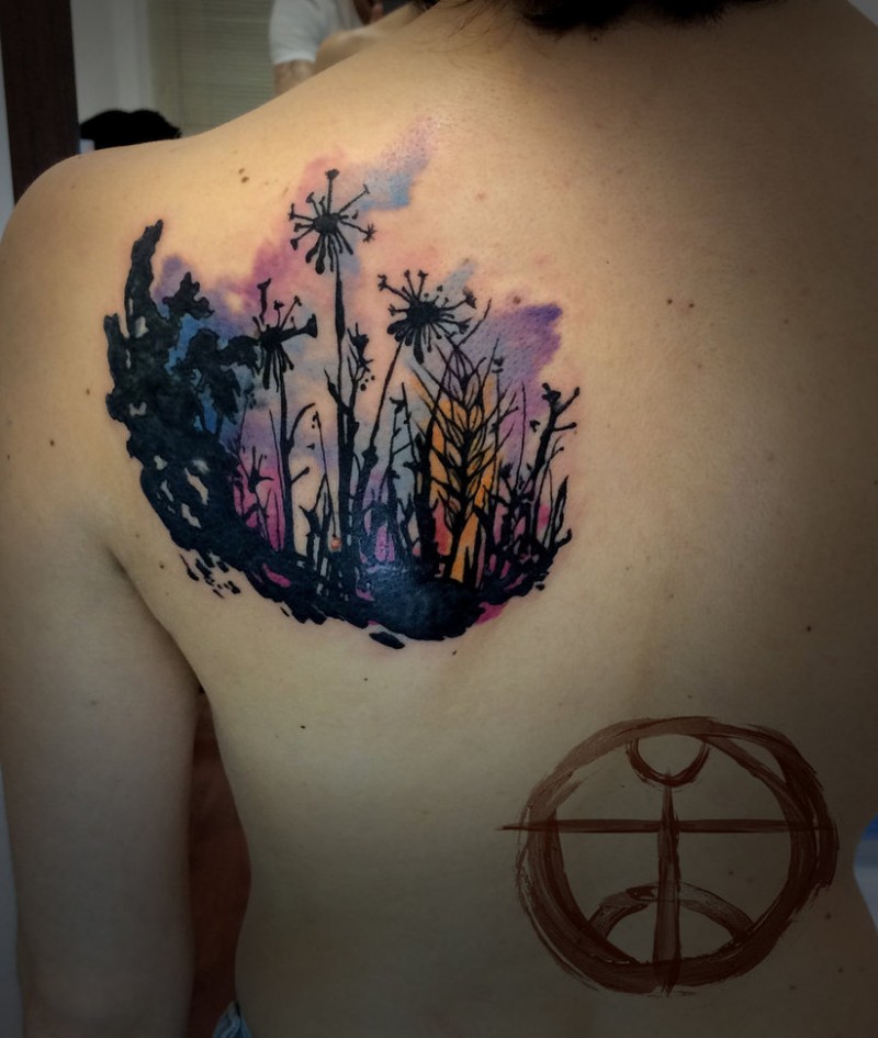 肩部水彩色蒲公英花园纹身图案