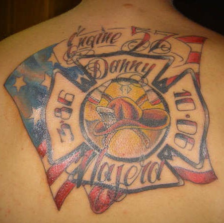 背部个性彩绘美国消防战士纪念纹身图案