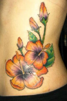 腰部彩色橙色的芙蓉花纹身图案