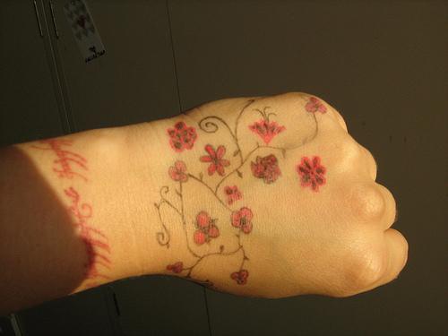 手部小清新彩色花朵纹身图案