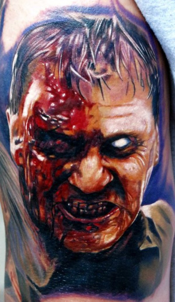 惊人的彩色恐怖风格的僵尸肖像纹身图案
