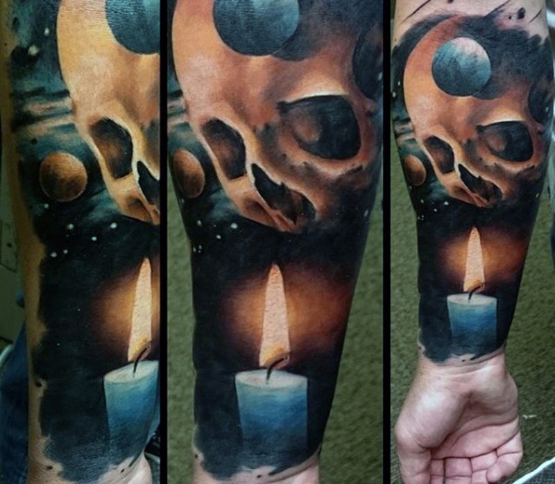 手臂神秘骷髅与逼真的蜡烛纹身图案