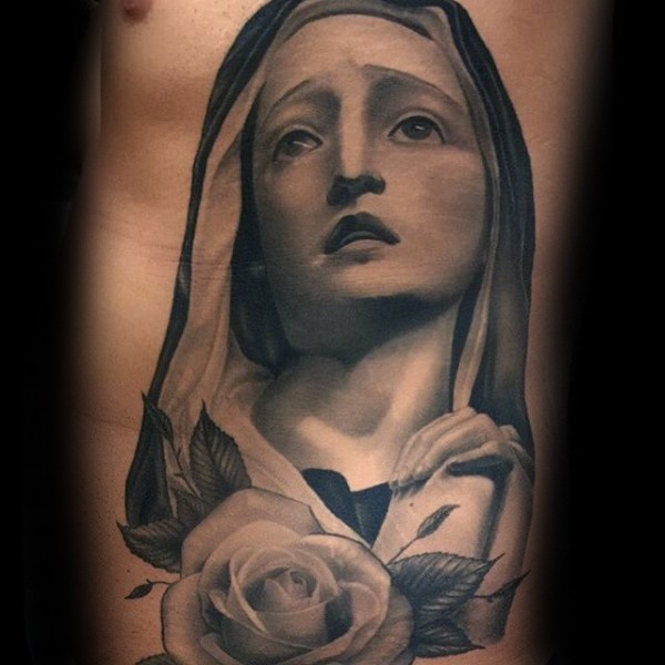 腰侧宗教灰色墨水玫瑰花与女人肖像纹身