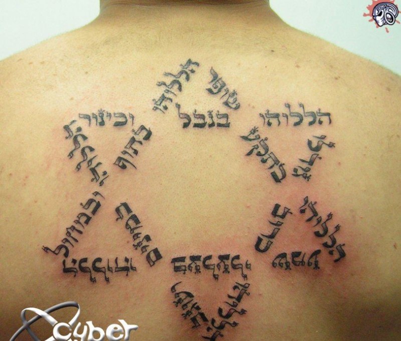 背部创意字符组合五角星纹身图案