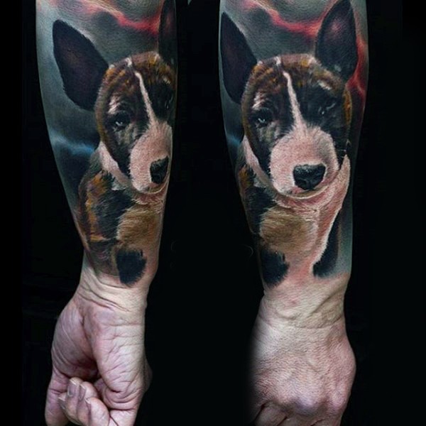 手臂非常逼真的彩色狗肖像纹身图案