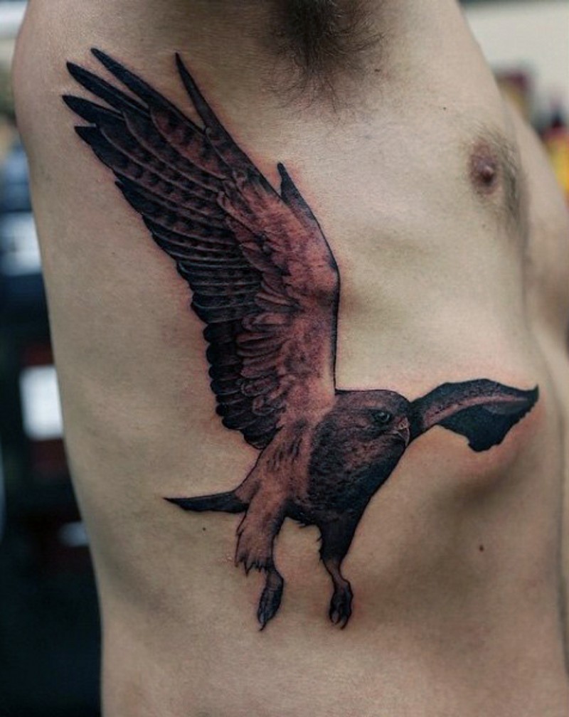 侧肋详细绘制彩色飞行鹰纹身图案