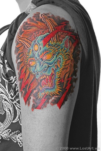 有角的日式恶魔纹身图案