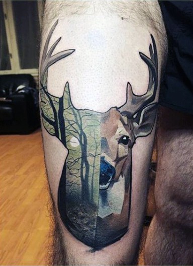 大腿半鹿半森林纹身图案