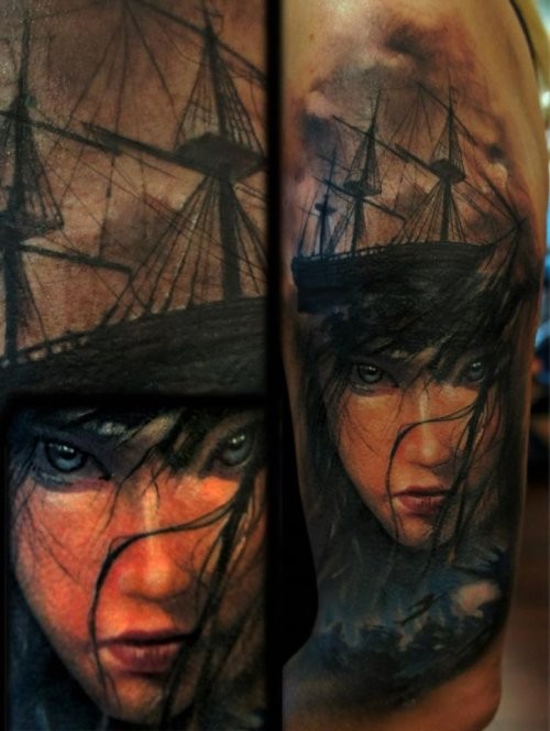 彩色女人脸与帆船结合纹身图案
