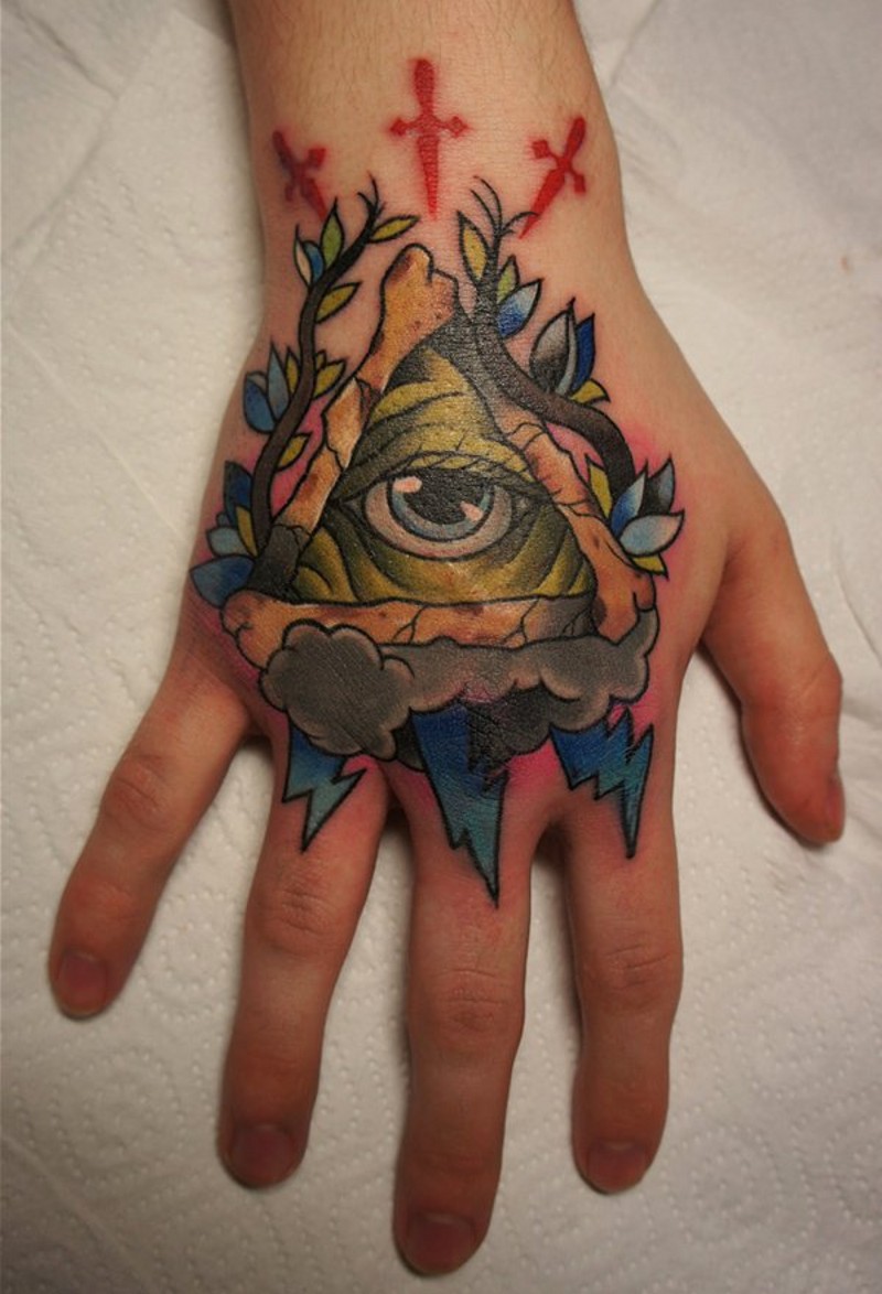 手背彩色三角眼植物纹身图案