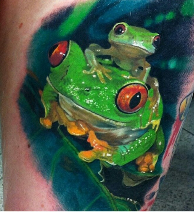 腿部逼真的水彩绿色青蛙纹身图案