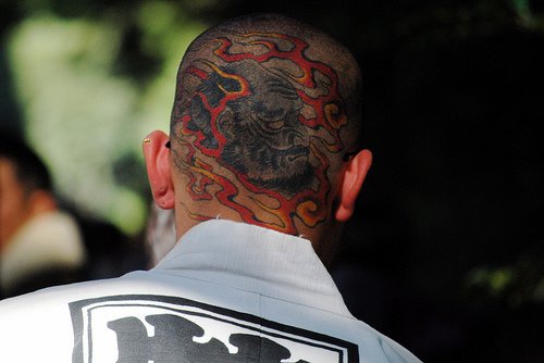 男性头部后脑般若火焰色彩纹身图案