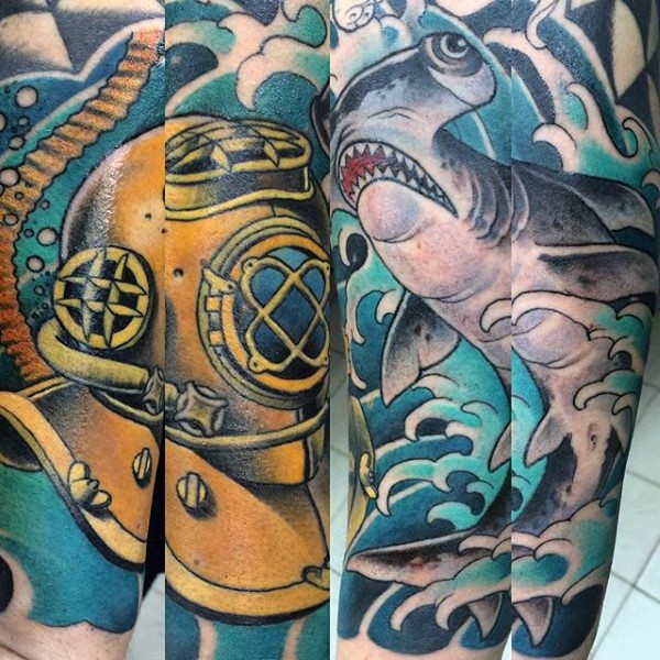 手臂老学校的风格色的锤头鲨纹身图案