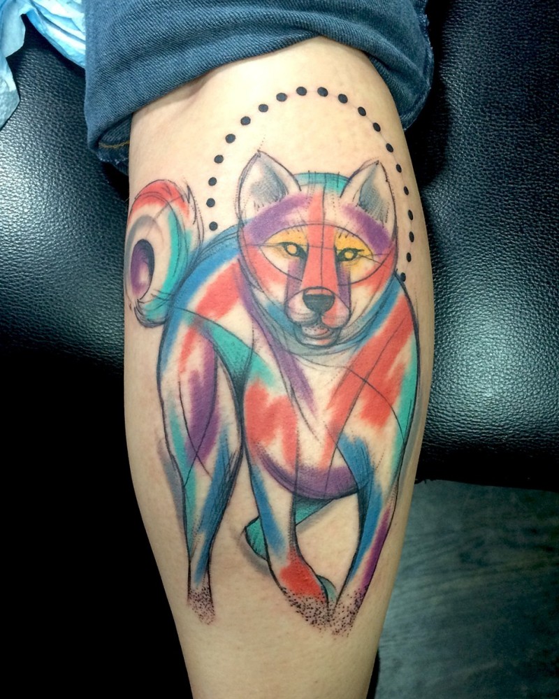 小腿水彩画风格惊人的狼纹身图案
