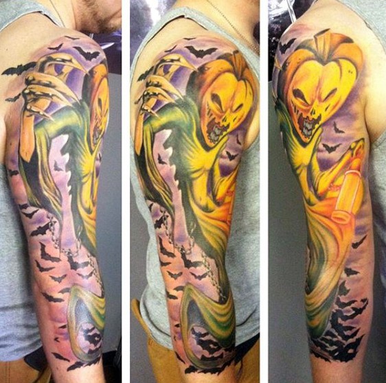 手臂彩色惊人的南瓜幽灵纹身图案