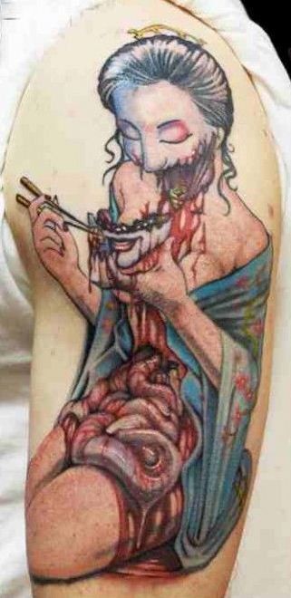 肩部彩色可怕的血腥僵尸艺妓纹身图案
