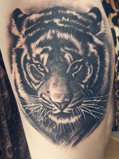 腿部逼真的老虎肖像纹身图案
