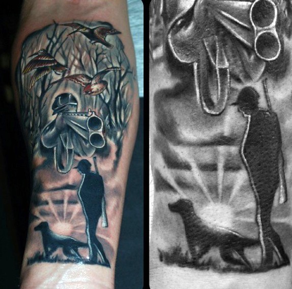 小臂猎人与猎狗森林猎枪纹身图案