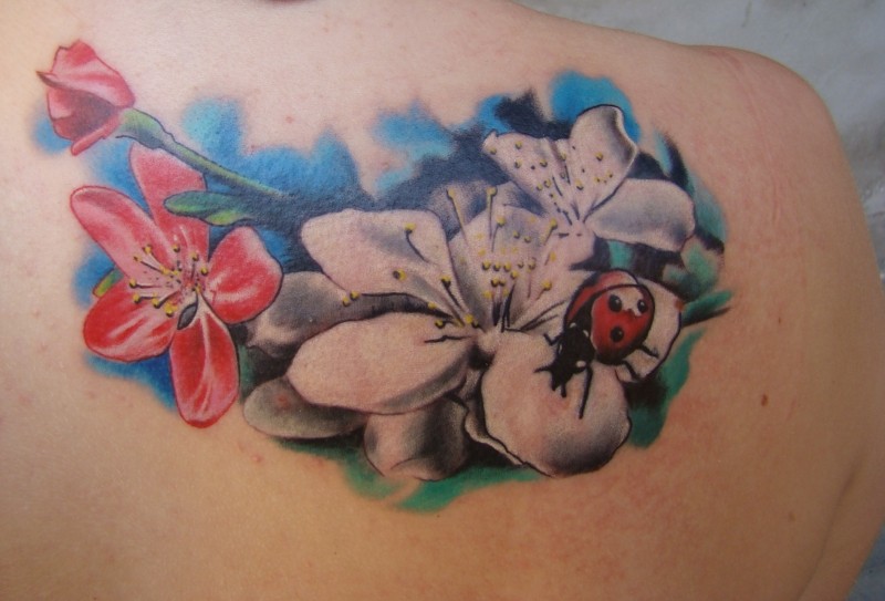 肩部水彩色花朵与瓢虫纹身图案