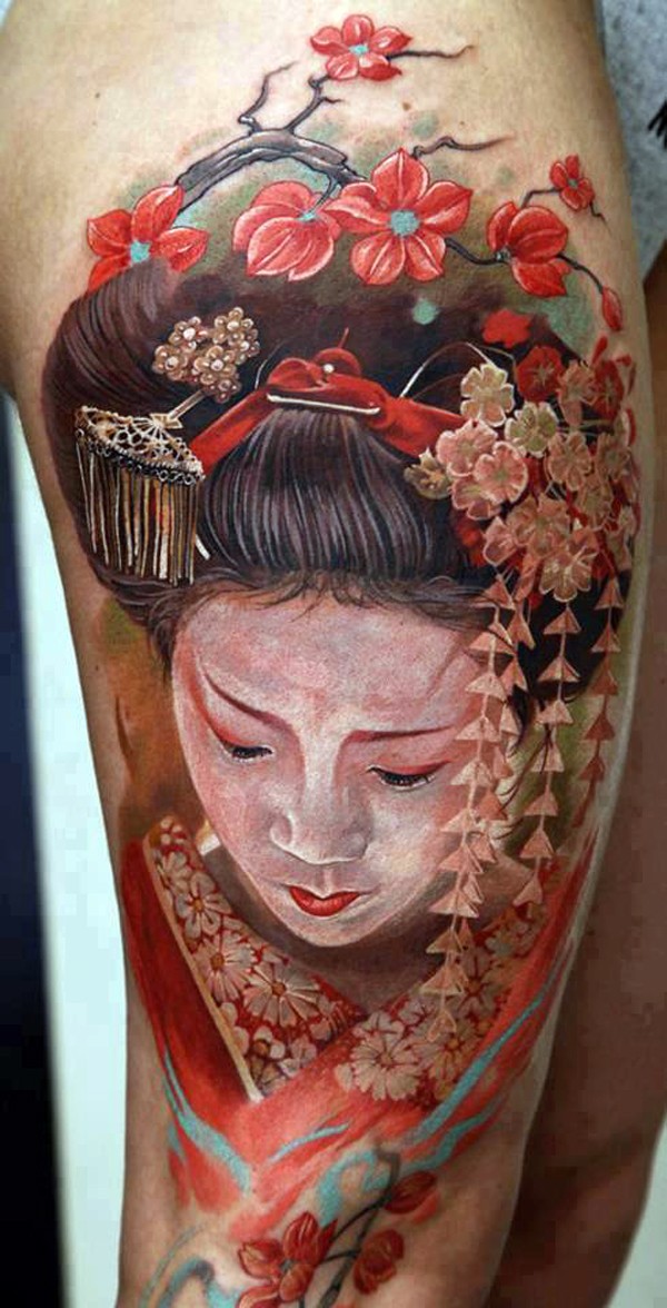 腿部漂亮的水彩肖像艺妓纹身图案