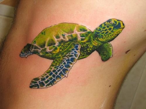 腰侧彩色逼真的绿龟纹身图案