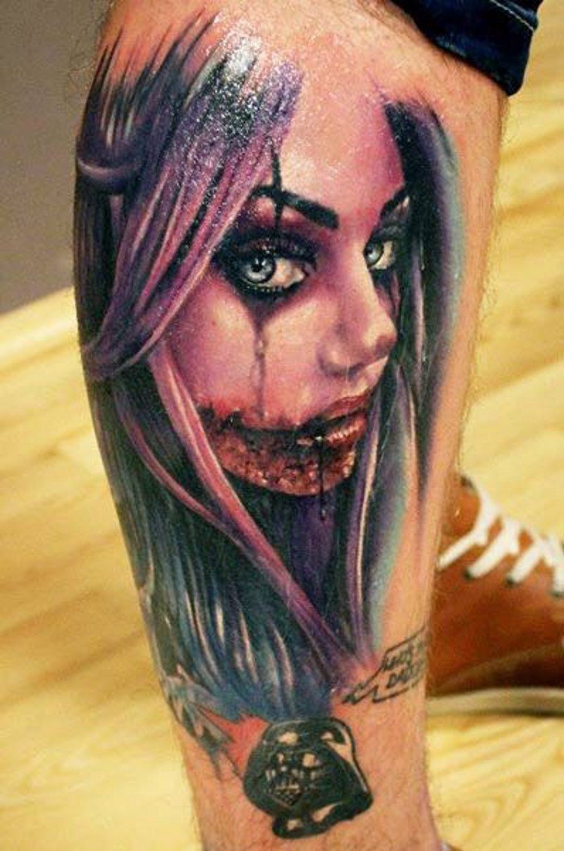 腿部彩色可怕的死圣女孩纹身图案