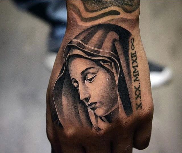 手背悲伤妇女宗教纪念纹身图案