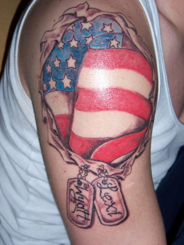 美国国旗与狗标签纹身图案