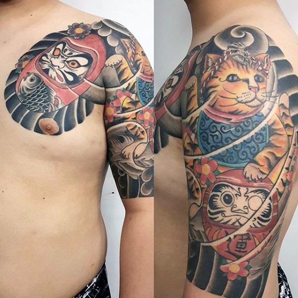 男士半甲彩色日式达摩和猫纹身图案
