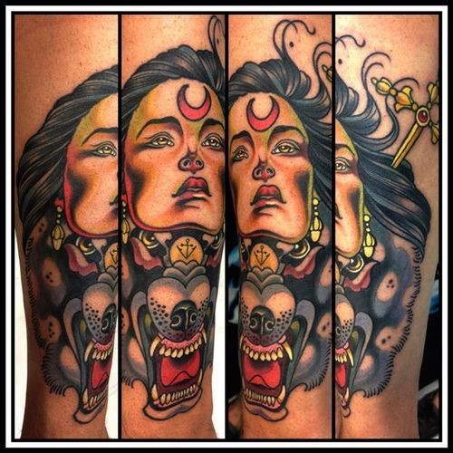 邪恶狼头与恶魔女人肖像纹身图案