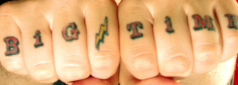 手指英文字母与闪电彩色纹身图案