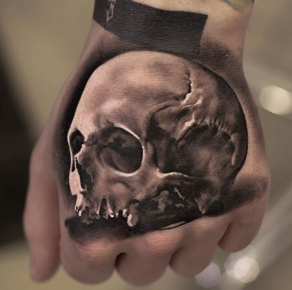 手部真正的照片损坏的骷髅头纹身图案