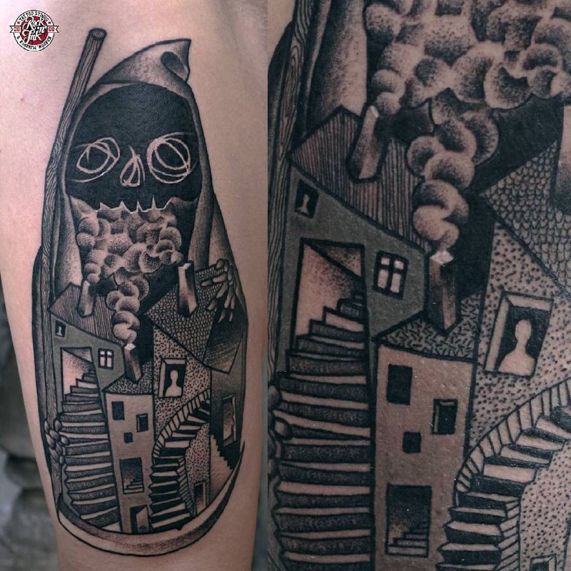 手臂点画风格有趣的形状房子纹身图案