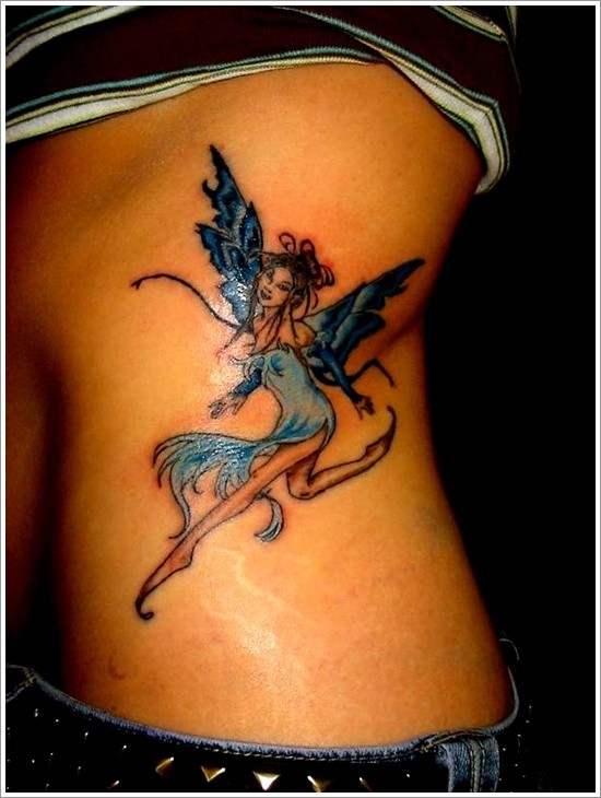 女孩腰部彩色童话精灵纹身图案