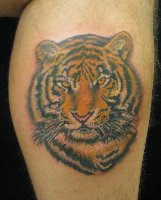 腿部的彩色老虎头像纹身图案