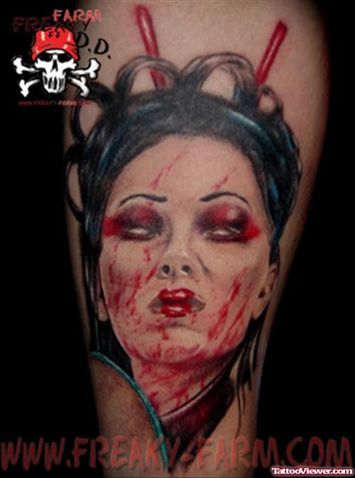 腿部彩色恶魔的艺妓肖像纹身图案