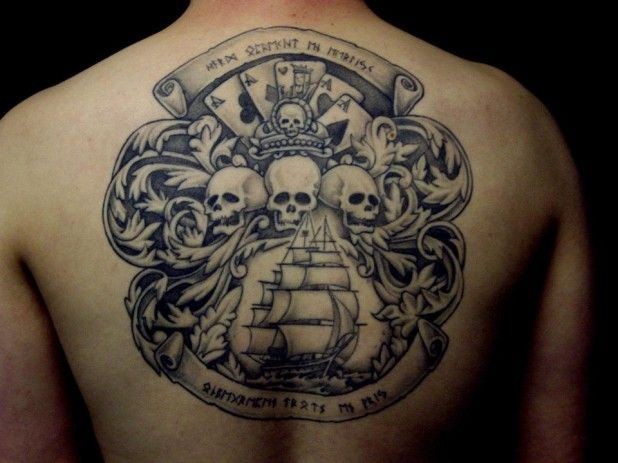 背后黑灰色海盗头骨和船纹身图案