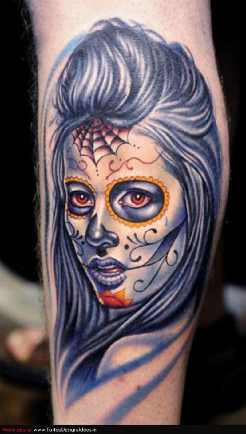 腿部彩色死亡女神肖像纹身图案