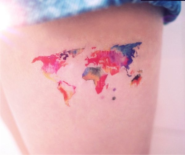 大腿小清新泼墨迷你世界地图纹身图案