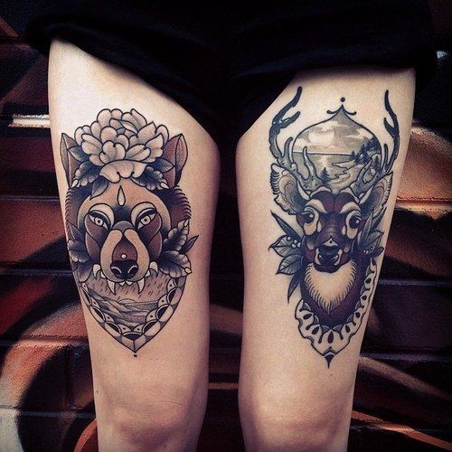大腿old school鹿和狼纹身图案