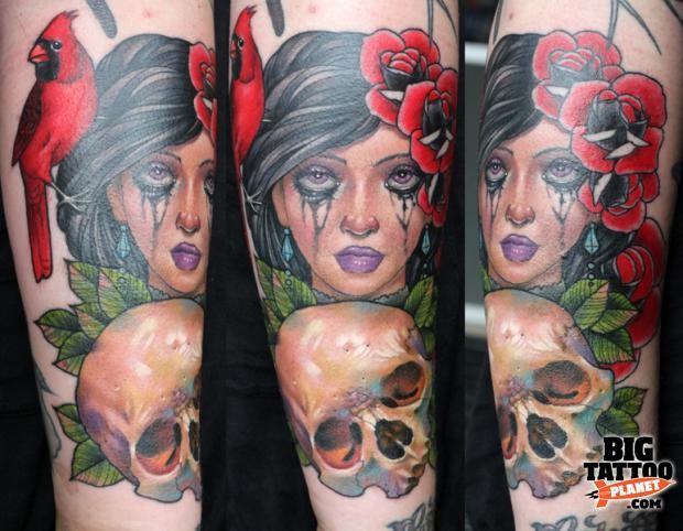 手臂彩色新风格的女性肖像与人类头骨纹身