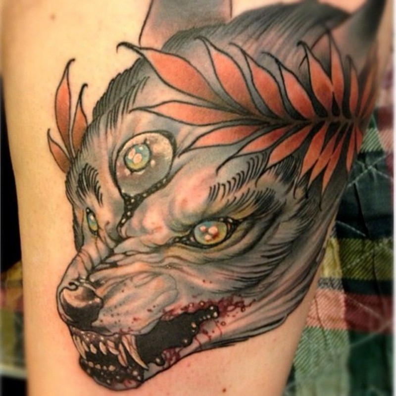 彩色邪恶狼与血腥的嘴纹身图案