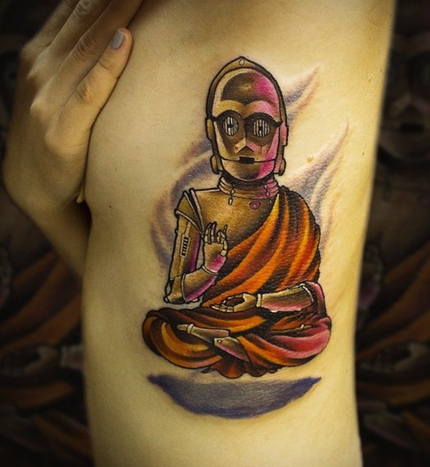 腰侧有趣的印度教风格佛纹身图案