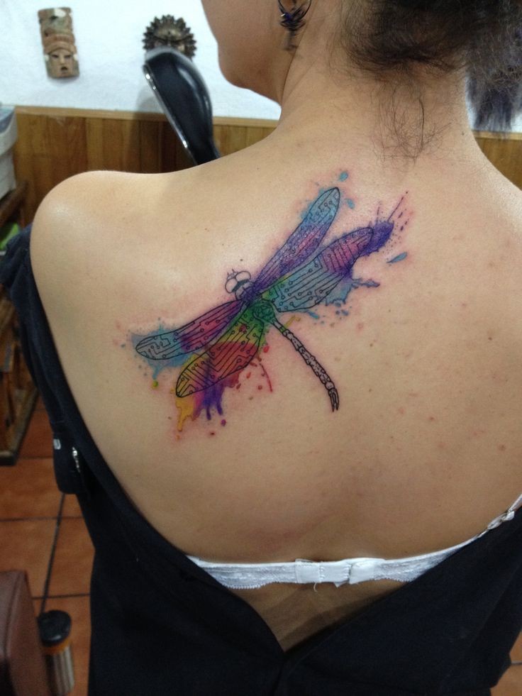 女生背部水彩画可爱的蜻蜓纹身图案