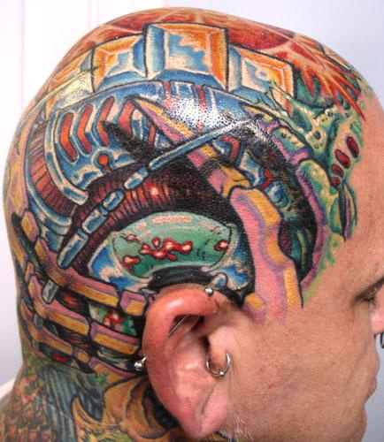 男性头部彩色生物力学杂色纹身图片
