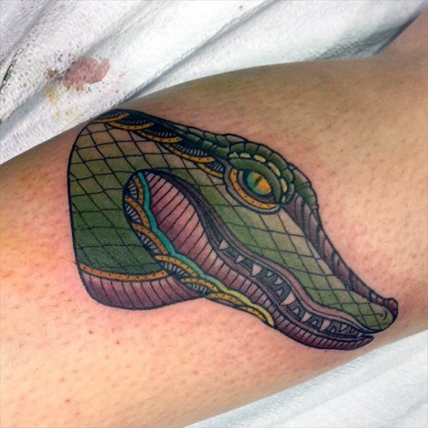 腿部彩色小绿鳄鱼头纹身图片