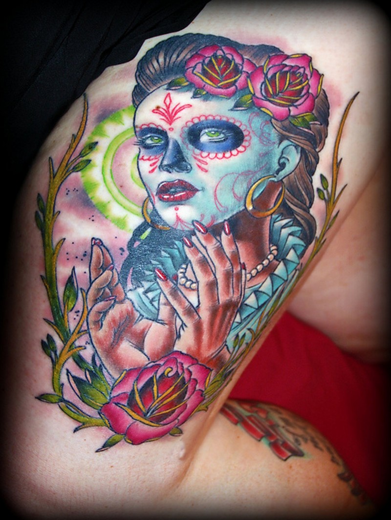腿部彩色墨西哥骷髅女孩纹身图案